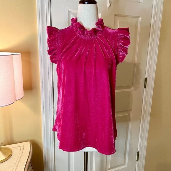 $159 NWT Duffield Lane Linda Hot Pink Velvet Ruffle Top Blouse Shirt Size SMALL - Picture 3 of 5
